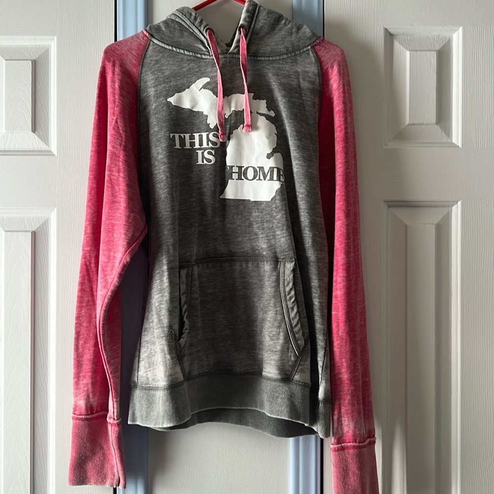 Distressed pink and grey Michigan hoodie. Very small stain not very visible